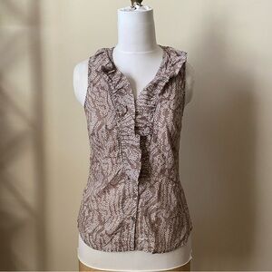 Ann Taylor V-line Brown & White Polka Dots Sleeveless Ruffles Button-Up Blouse